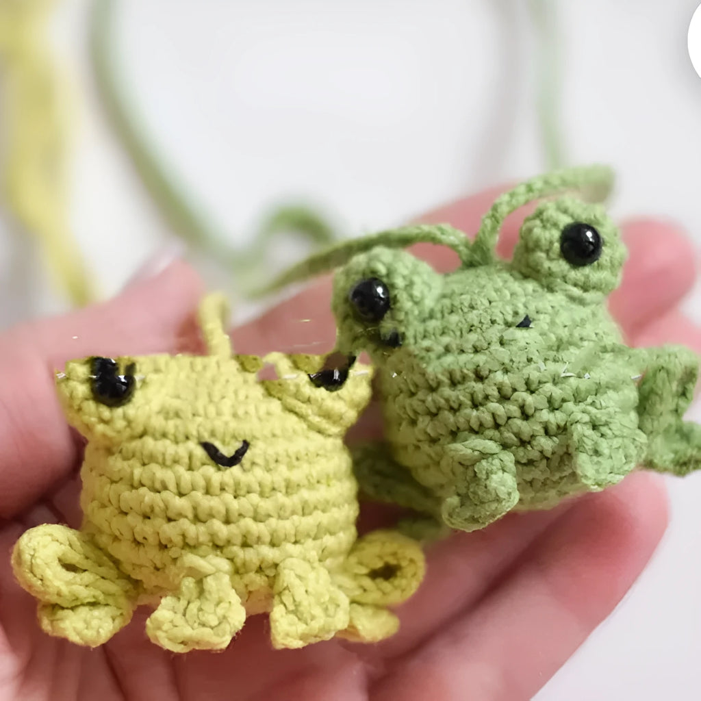 Handmade woven frog car pendant in plush material with green colour option