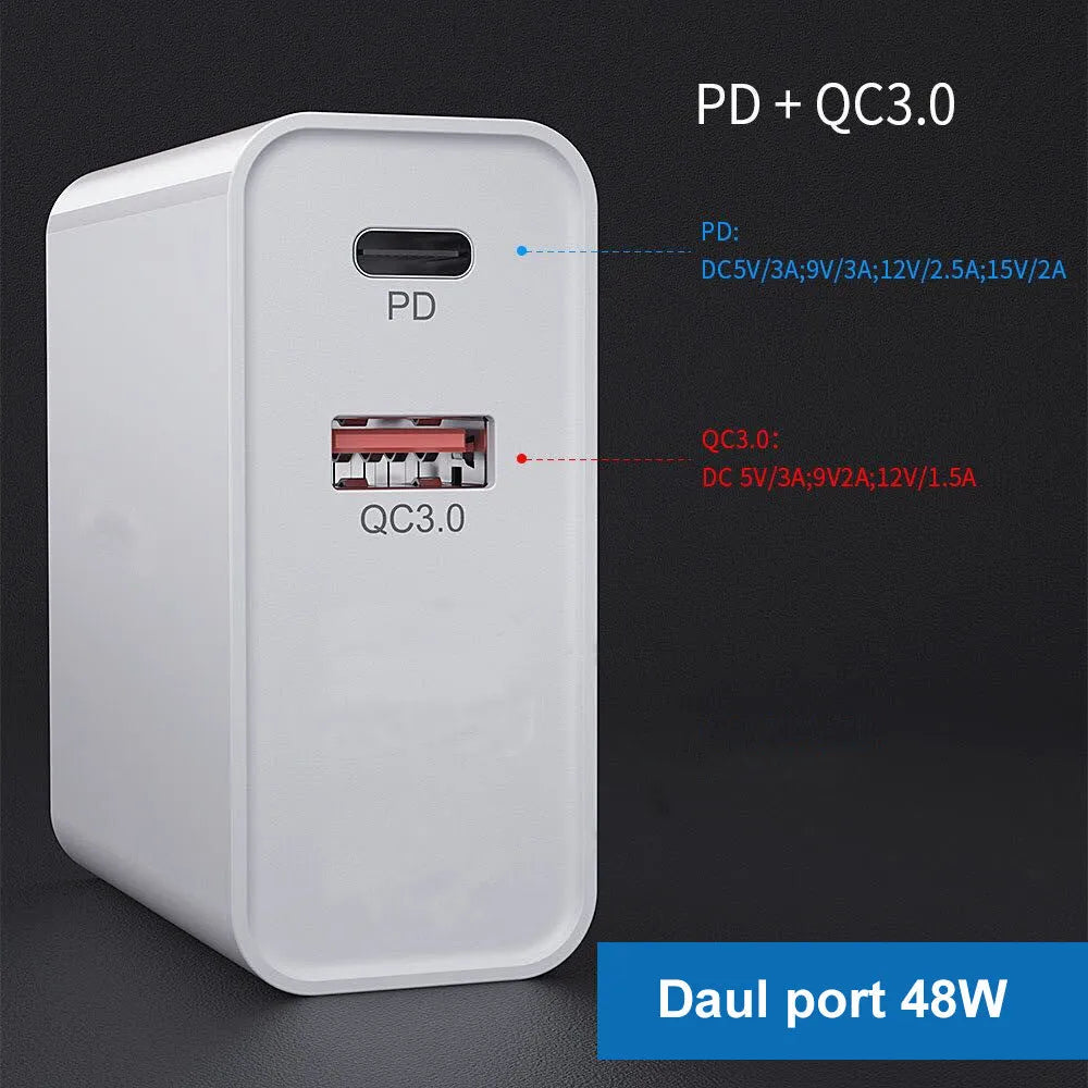 White multi-port USB fast wall charger with PD and QC support showing several device cables plugged in.