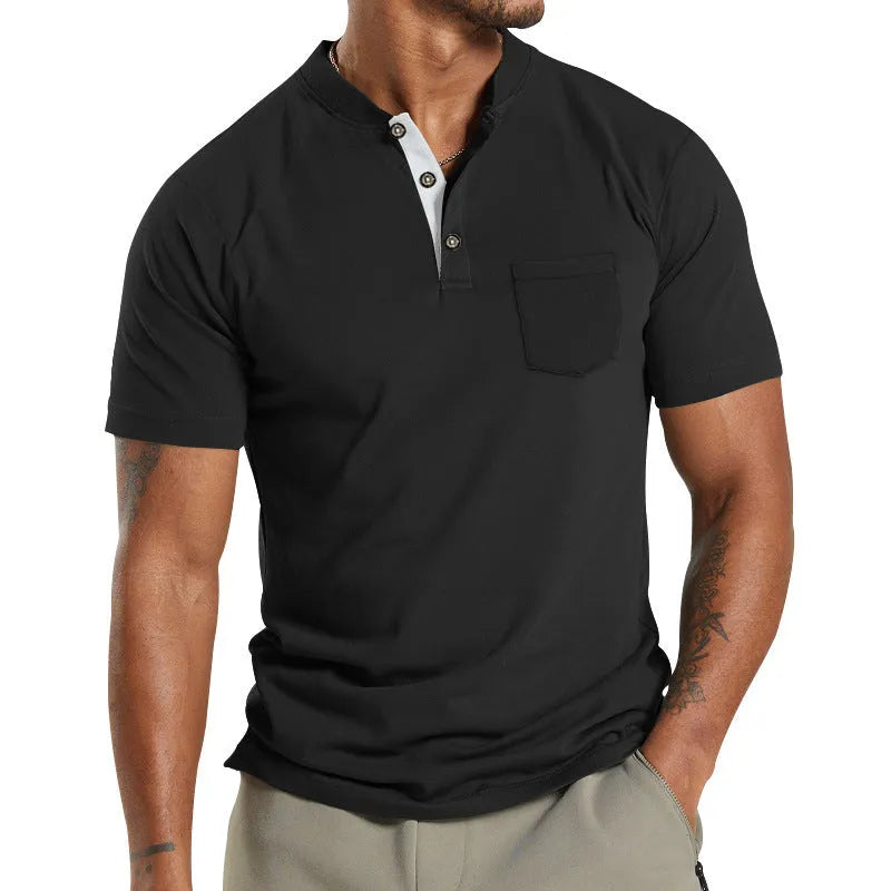 Men's plus size solid colour short sleeve polyester shirt with a button pocket on the chest.