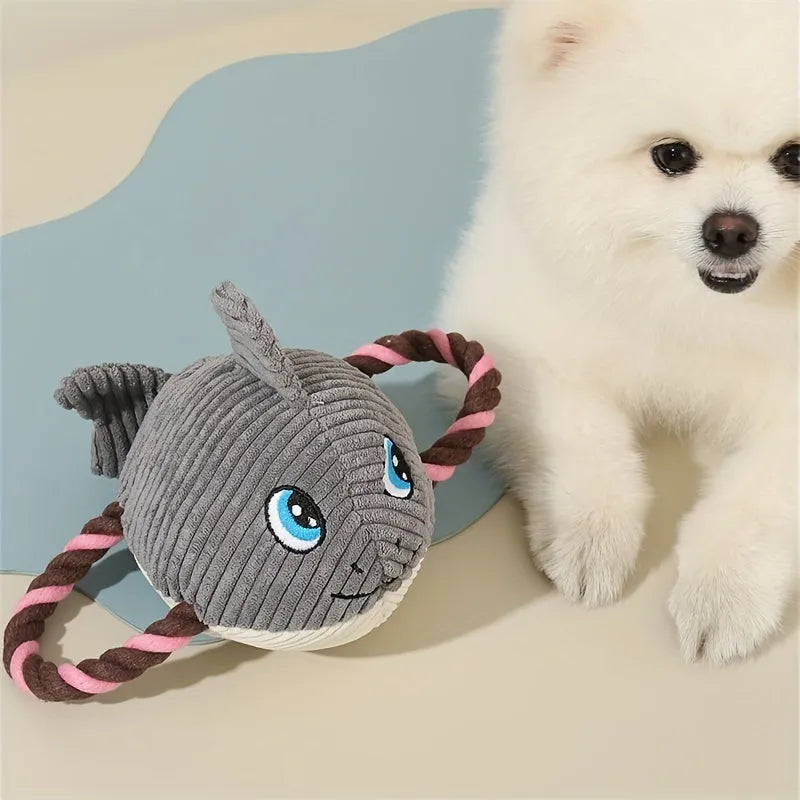 Turtle-shaped dog chewing toy with knot elements in grey green orange colours for medium large dogs