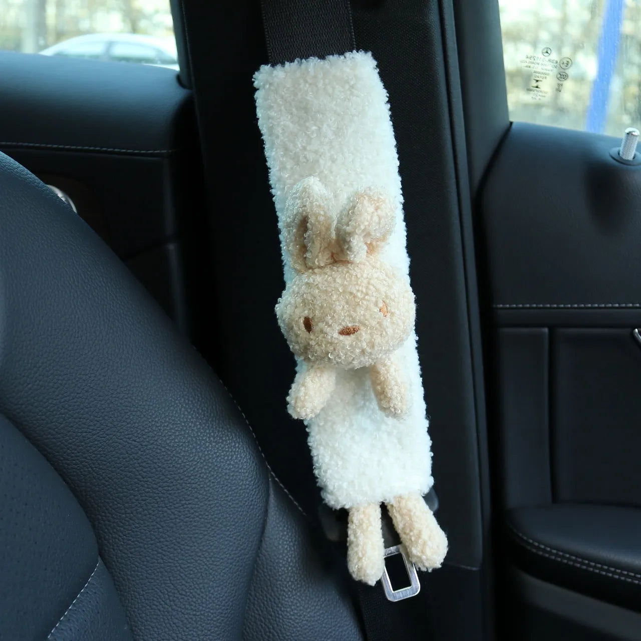 Cartoon plush car seat belt shoulder protector with rabbit and bear designs in lamb wool material