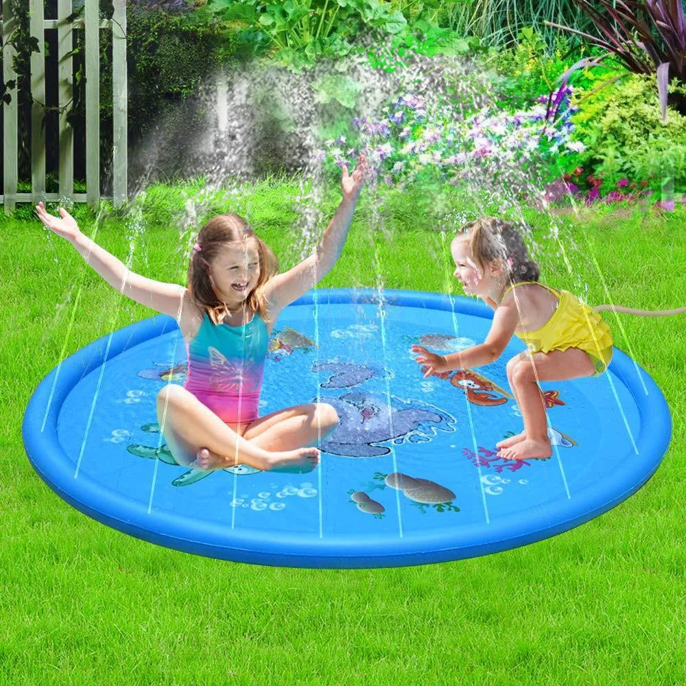 Blue PVC water spray play mat with marine animal graphics for outdoor children's water play