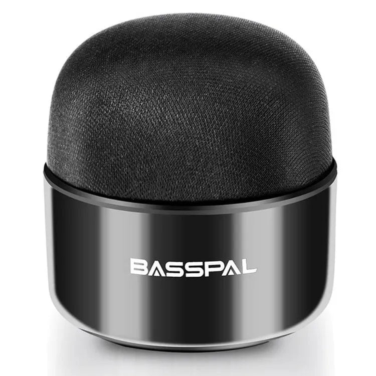 Black portable mini Bluetooth speaker with waterproof rating and control buttons.