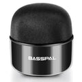 Black portable mini Bluetooth speaker with waterproof rating and control buttons.