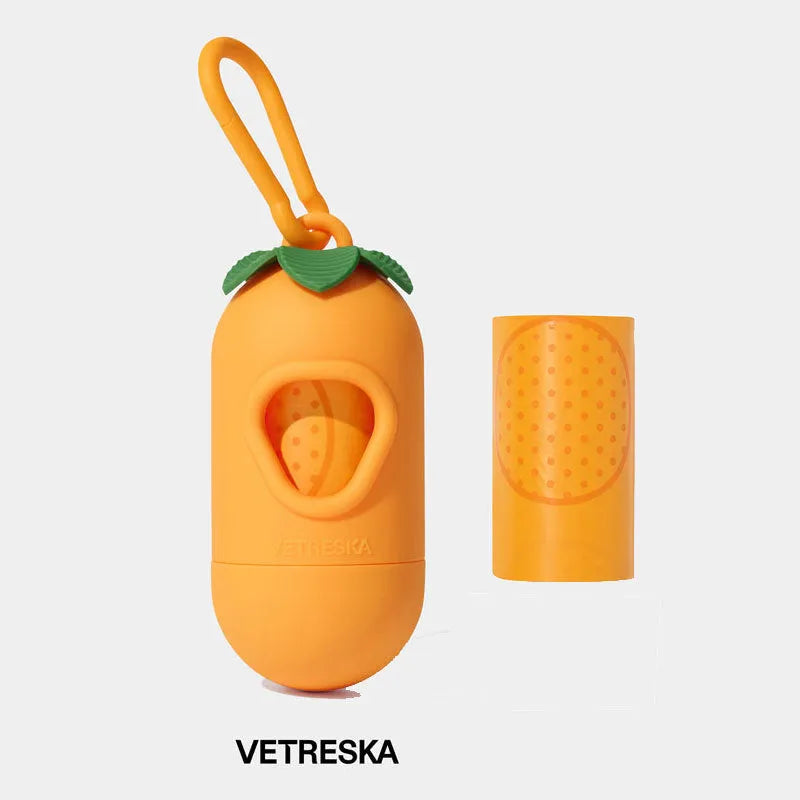 Portable dog poo bag dispenser capsule with scented inner roll in strawberry, orange or cherry blossom options