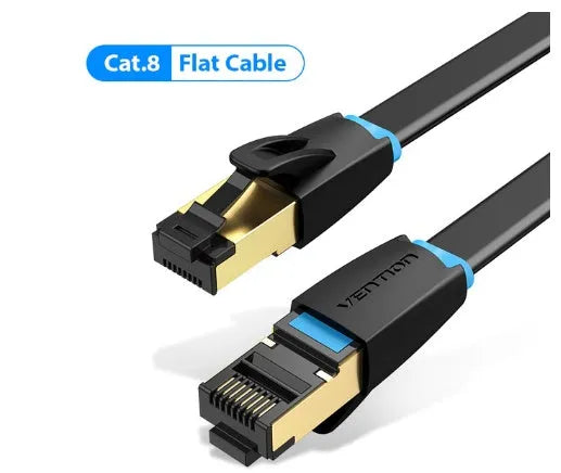 Shielded Cat8 Ethernet network cable with RJ45 connectors in flat and round style options.
