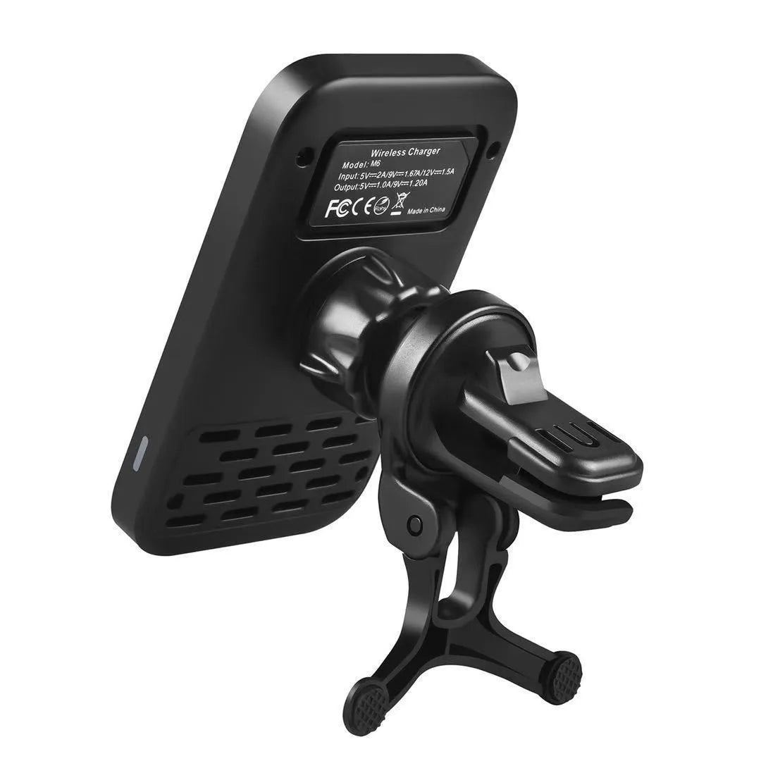 Black M6 magnetic wireless charging car phone bracket with USB cable.