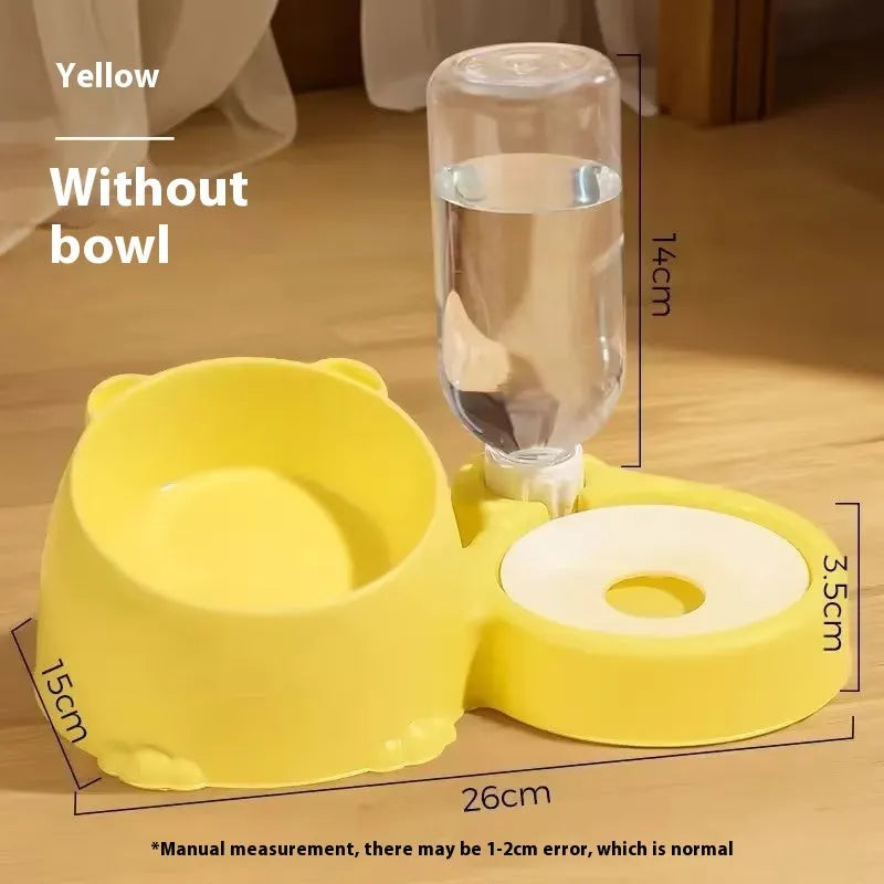 Automatic pet water fountain with two raised stainless steel and ceramic bowls on a plastic base in haze blue