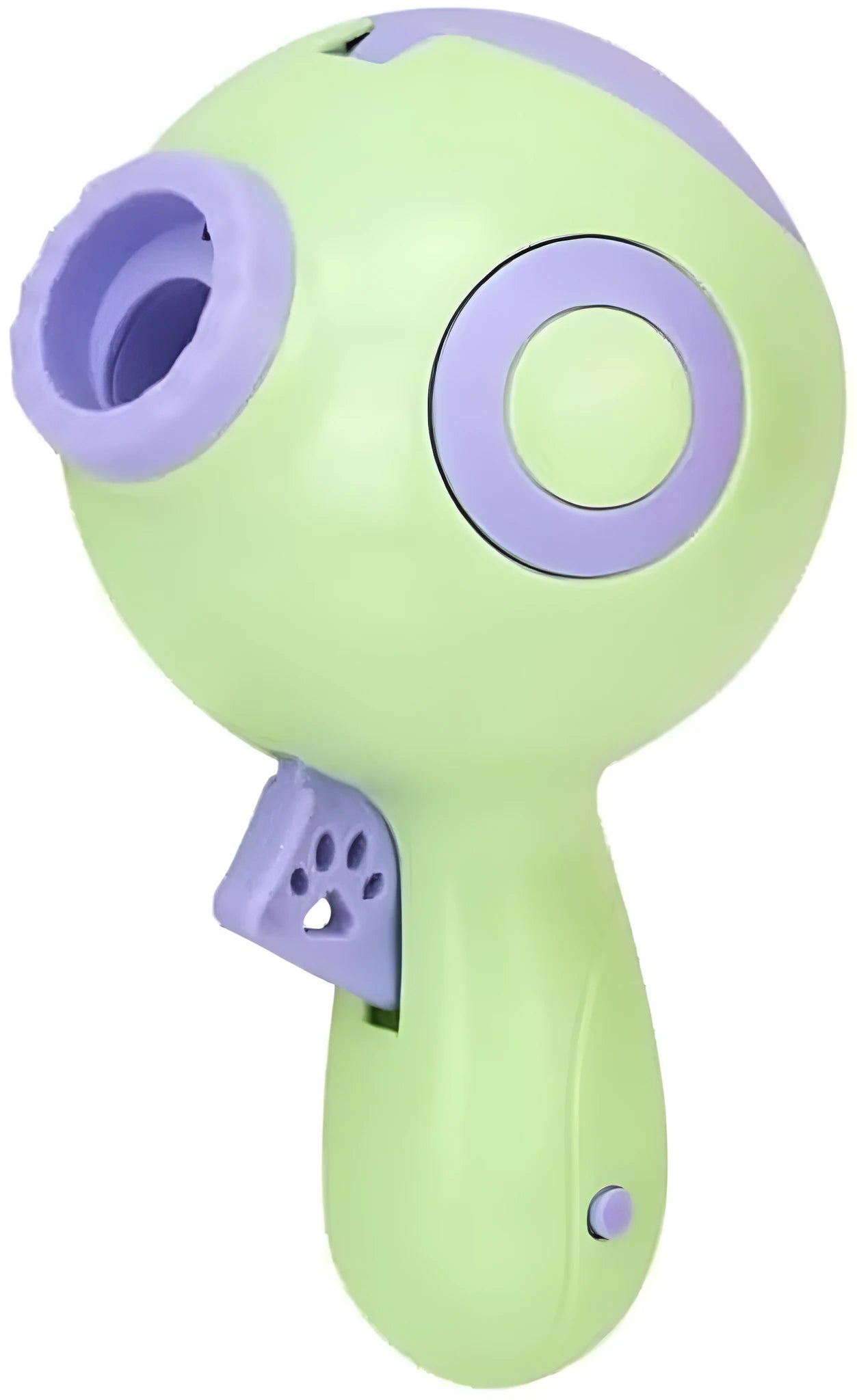 Green, orange, and pink dog treat launcher toy for remote feeding