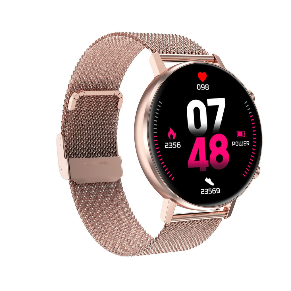DT96 smart fitness tracker bracelet with steel strap on wrist showing 1.3 inch screen