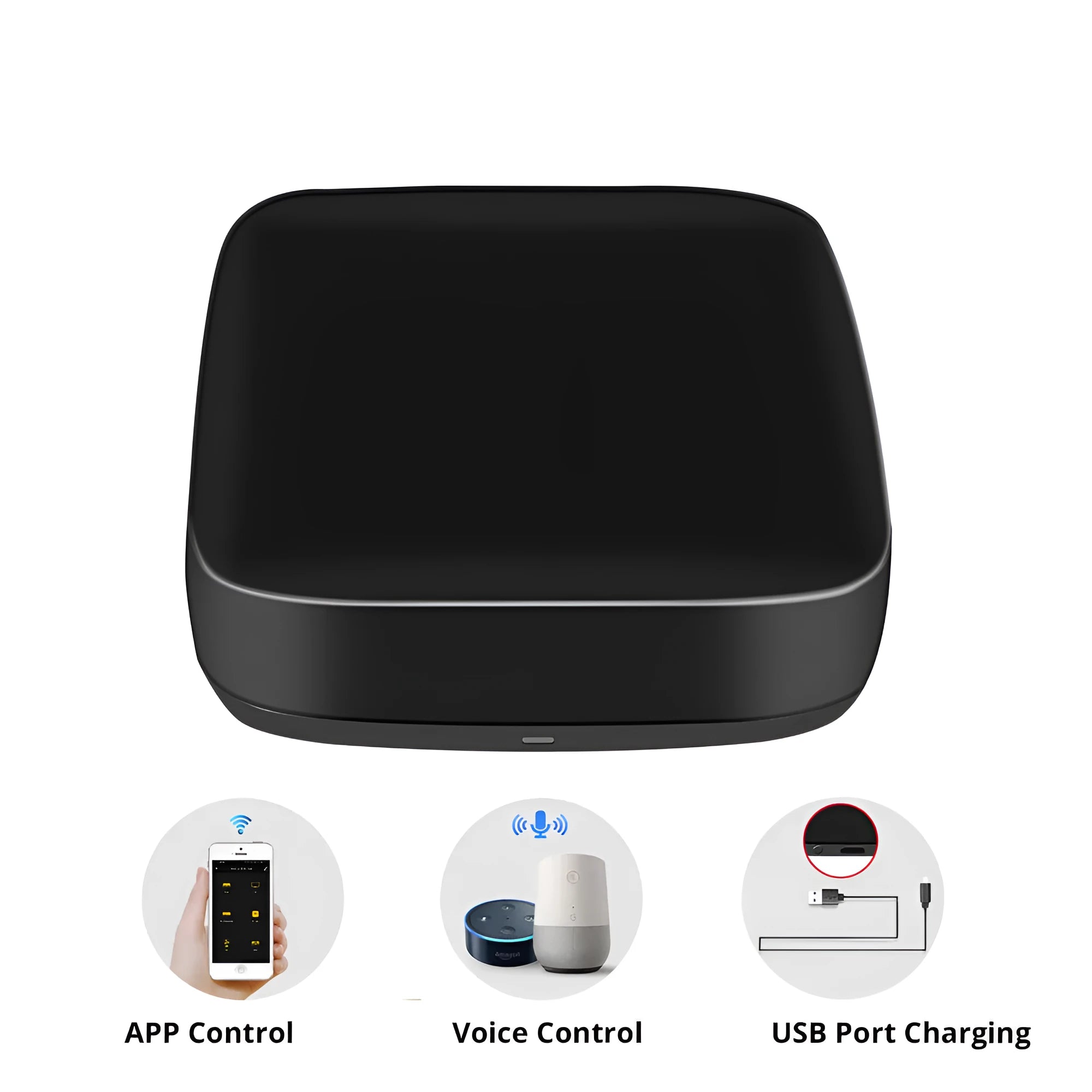 Black universal infrared remote control with voice control and WiFi connectivity