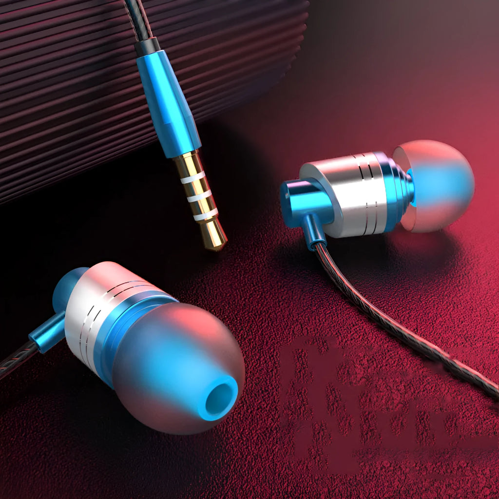 Wired in-ear earphones with microphone, 3.5mm plug, and silicone tips in black, blue, and red colours.