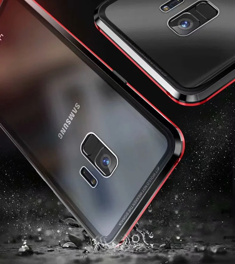 Magnetic anti-peeping phone case for Samsung Galaxy in clamshell design with double-sided glass construction