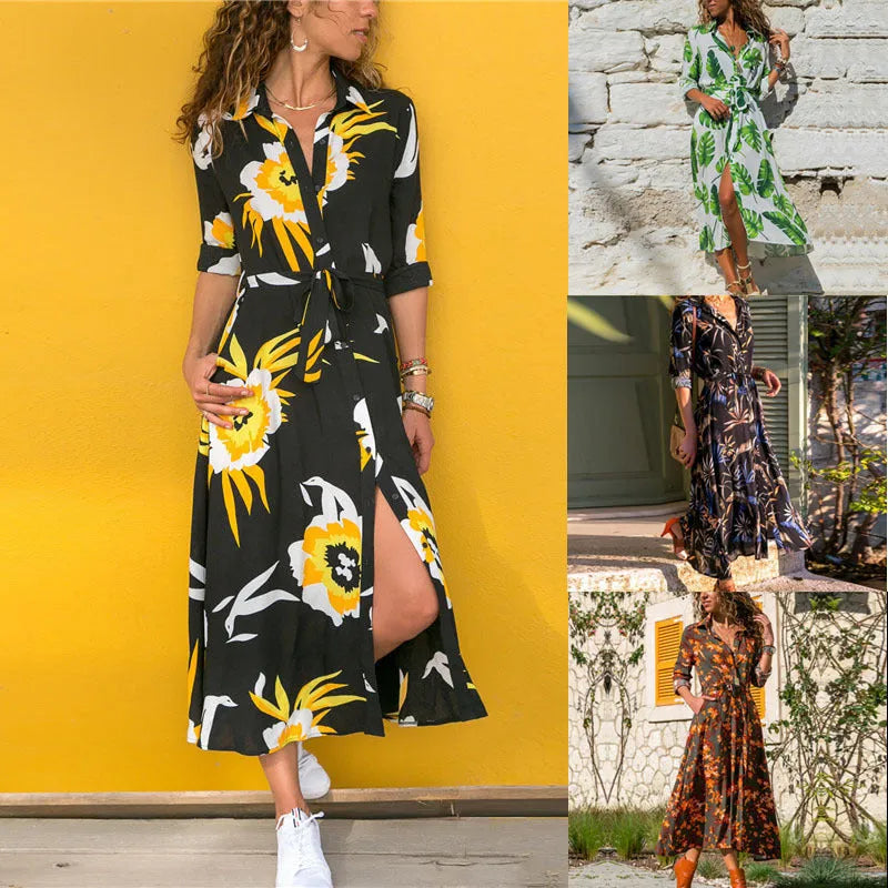 Printed chiffon dress with V-neck collar and conventional sleeves in A-line silhouette