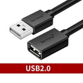 Black USB extension cable with male and female connectors showing shielded design for data transfer