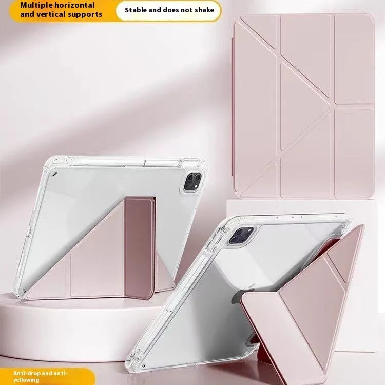 Transparent acrylic iPad screen cover with a fold-out stand, shown in pink on a tablet.