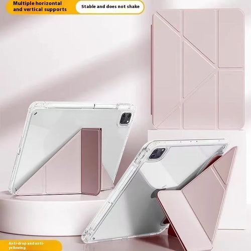 Transparent acrylic iPad screen cover with a fold-out stand, shown in pink on a tablet.