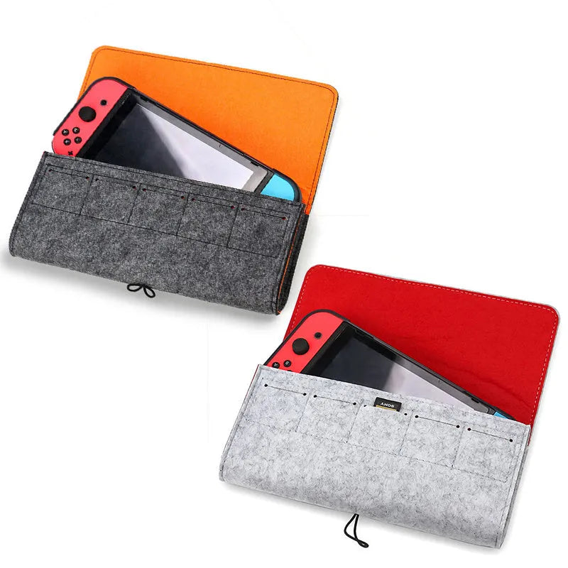 Black felt pouch for Nintendo Switch console with game card slots and double storage layer.