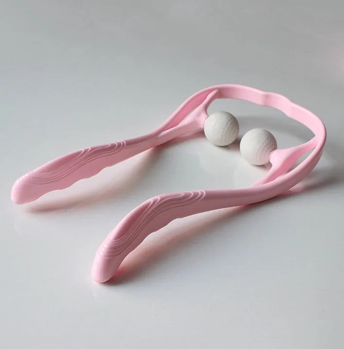 Blue plastic handheld neck and shoulder massager with adjustable stand and removable soft head on a white background.