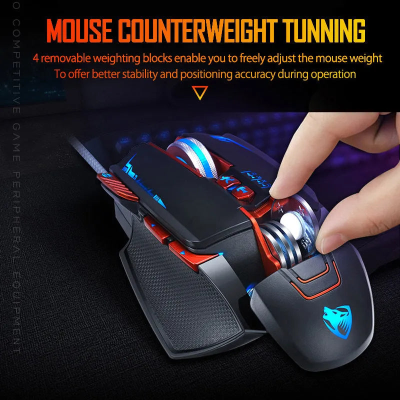 Thunder Wolf V9 wired gaming mouse in Black or Grey on a desk with USB cable