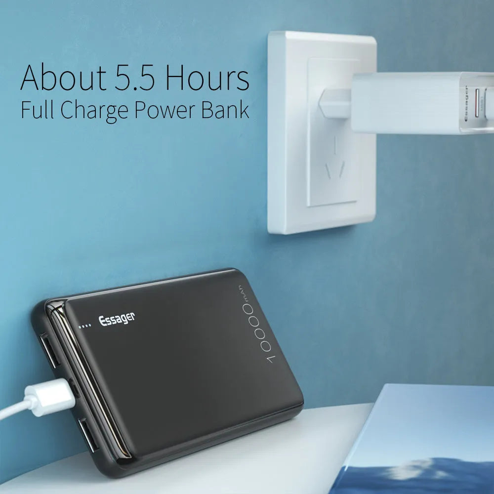Essager Small Jane 10000mAh power bank in black or white showing dual USB ports and LED indicators