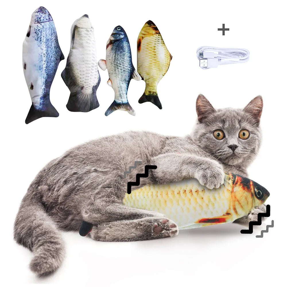 Multicolour electronic fish cat toy measuring 30cm with USB charging cable