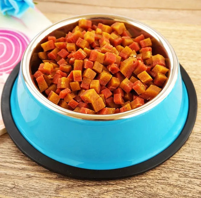 Stainless steel pet bowl with colourful melamine exterior and non-slip rubber base in multiple size options