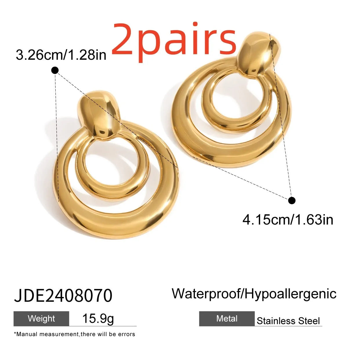 Round golden double-layer hollow stud earrings with geometric design and electroplated finish