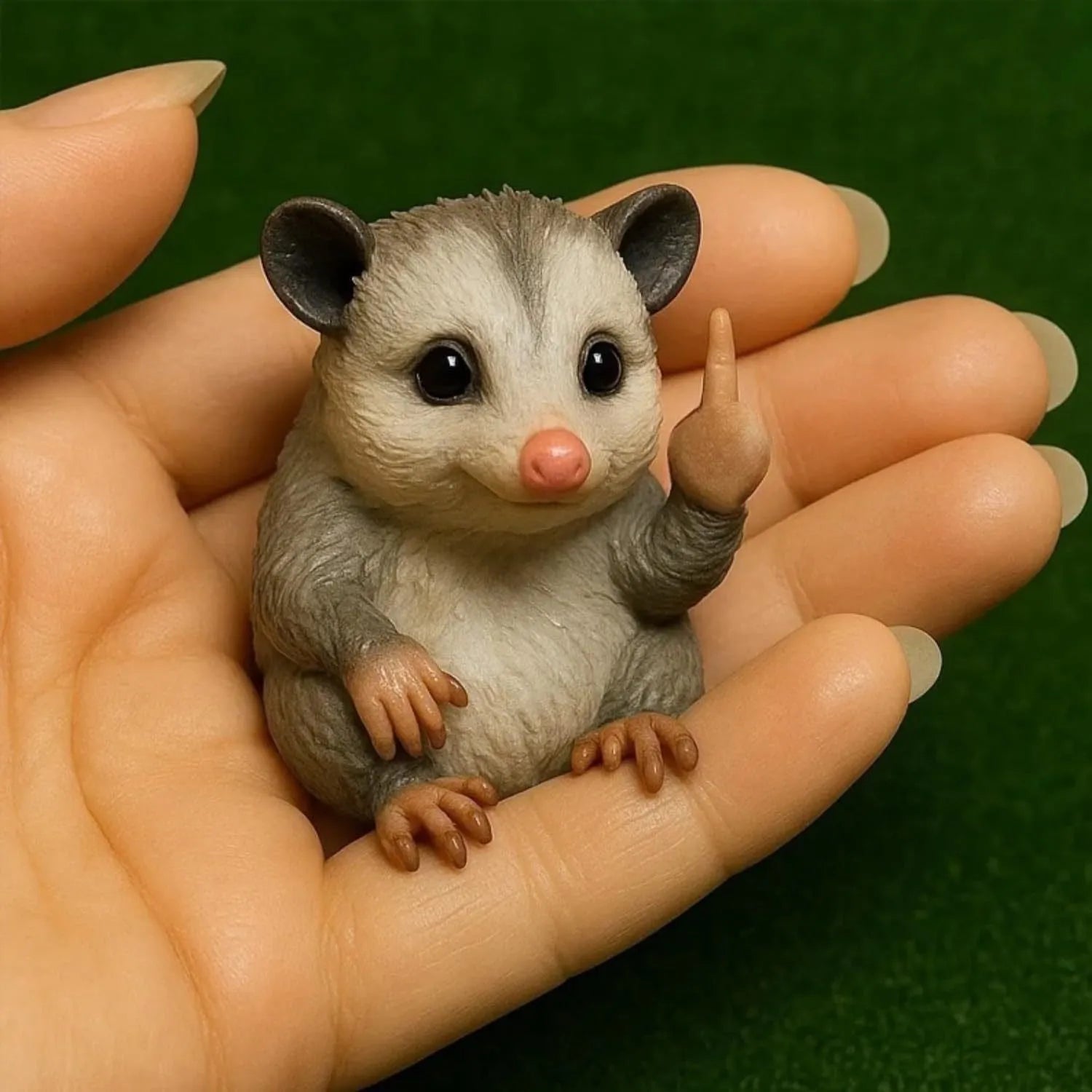 Mini animal-themed vertical middle finger doll ornament in resin and plastic on a desk.