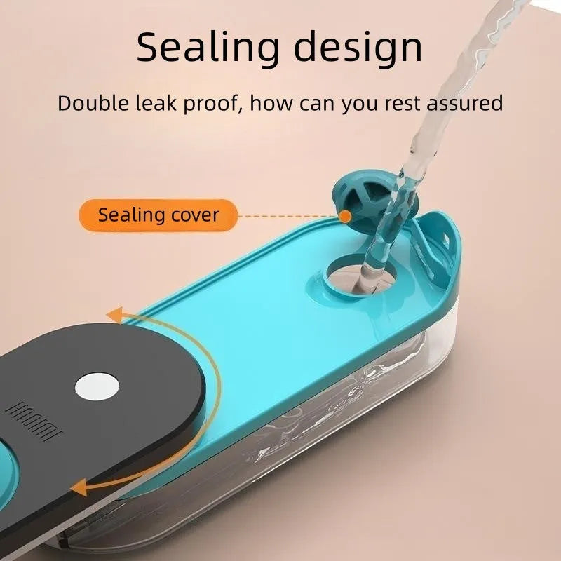 Blue portable pet water bottle with a foldable silicone drinking bowl attached, for dogs and cats.