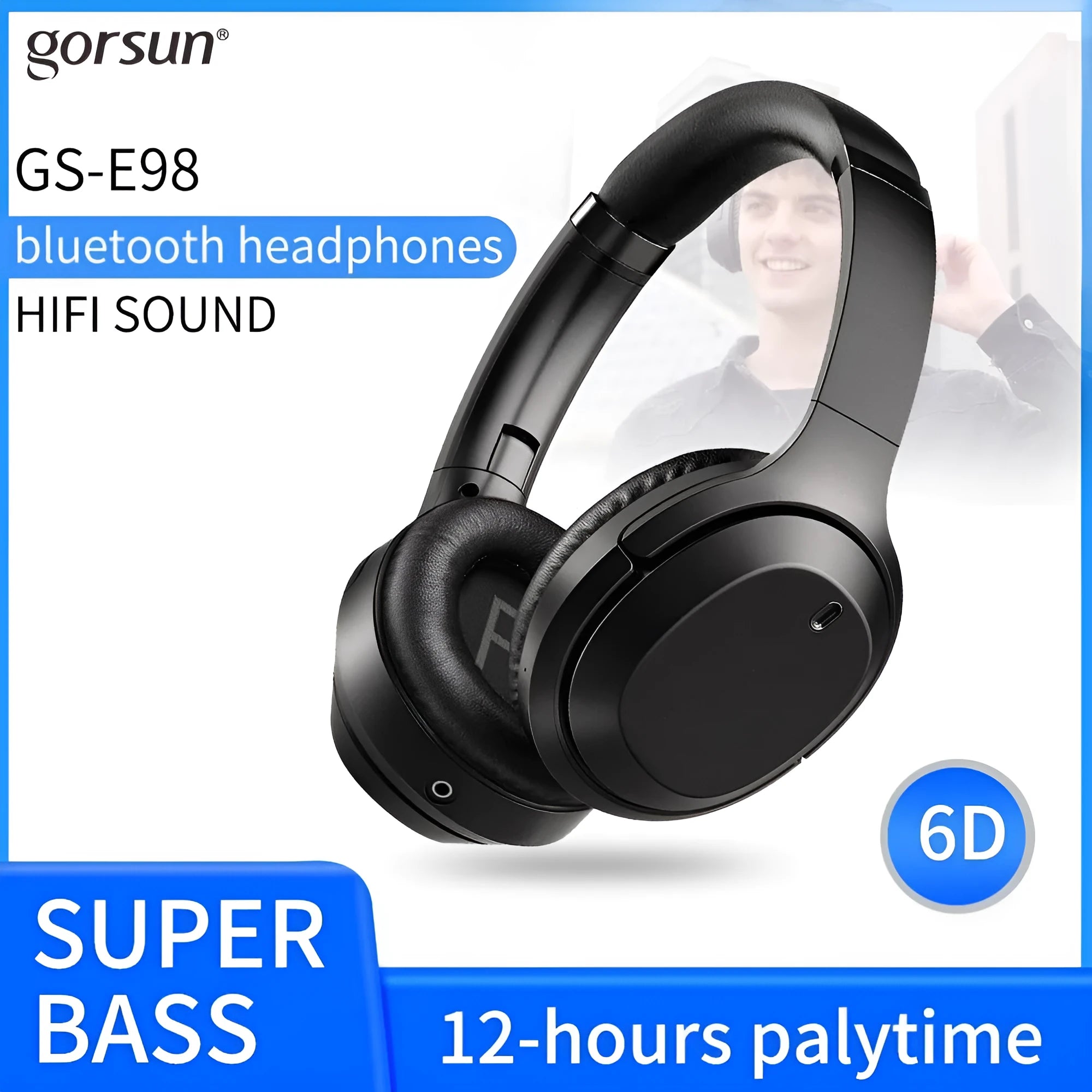 Black Gorsun E98 wireless over-ear Bluetooth headphones with padded headband and Memory-protein ear cushions.
