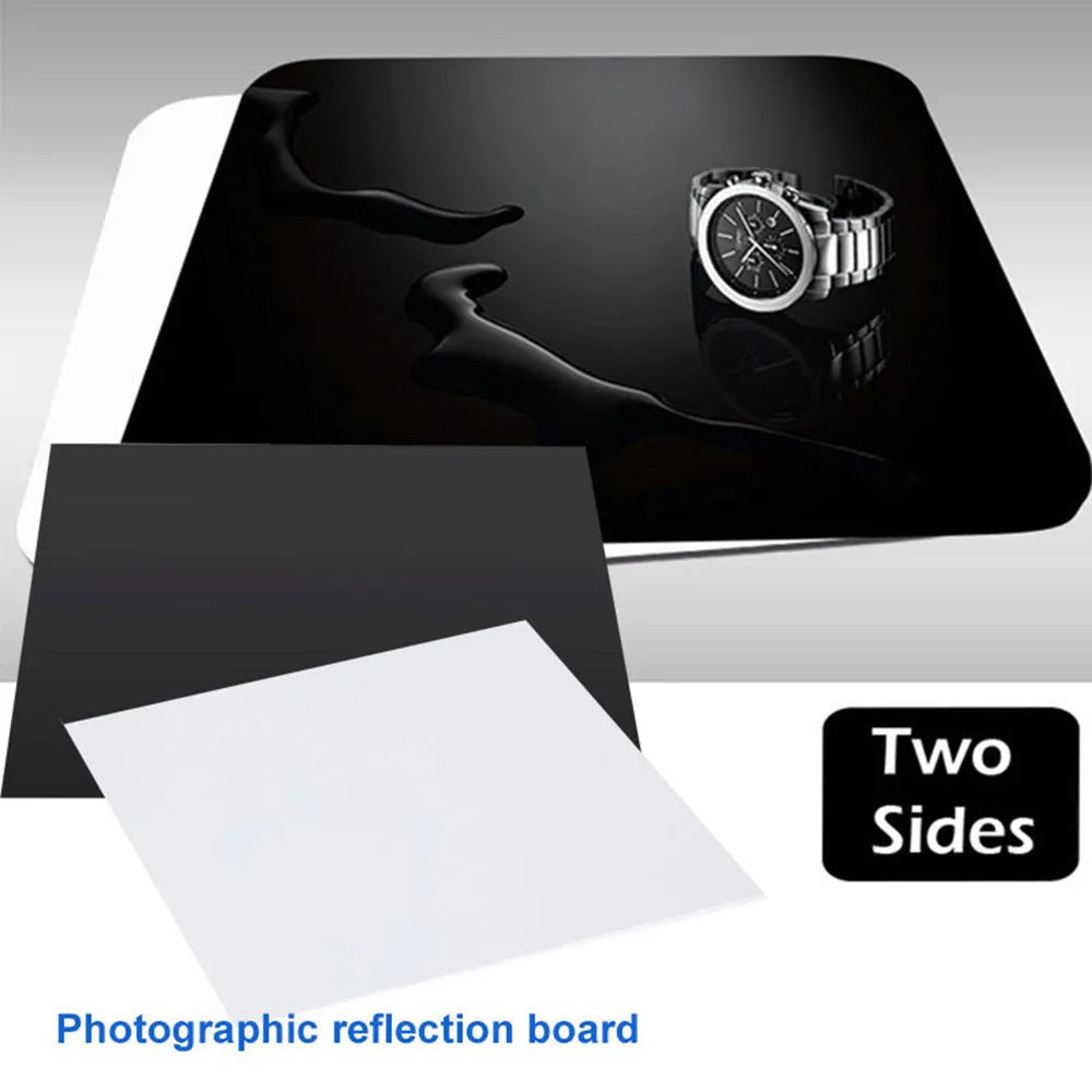 Black and white acrylic reflection boards in 20x20cm, 30x30cm, and 40x40cm sizes for photography
