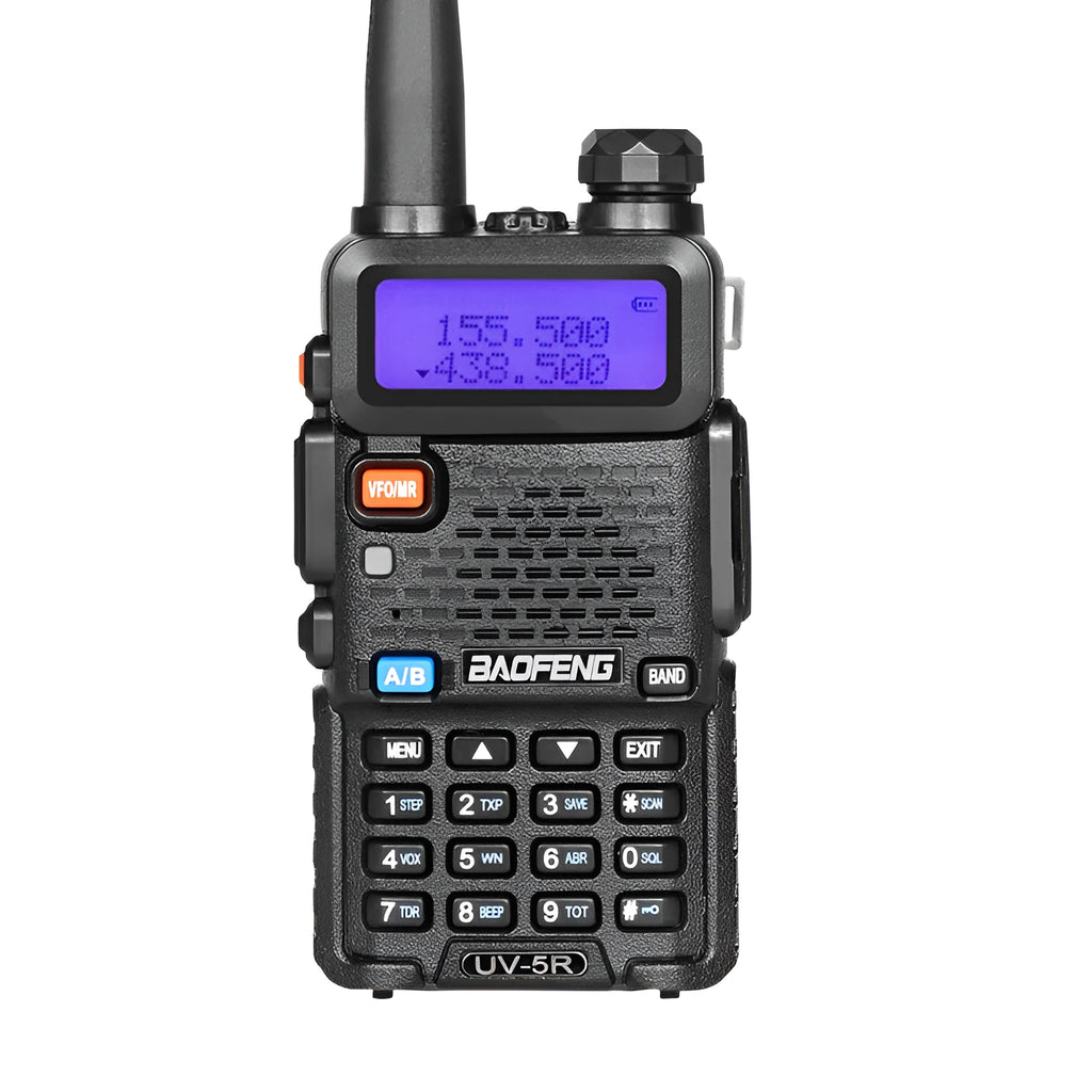 Black long-range walkie talkie with antenna showing compact dimensions for portable two-way communication.