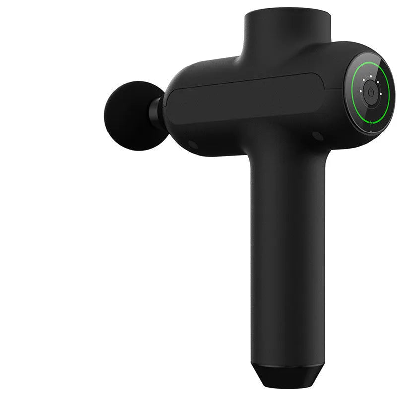 Black electric muscle massager with six removable heads showing five-speed control button
