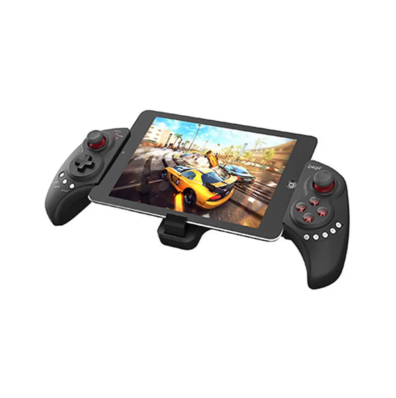 PG-9023 black wireless telescopic gamepad controller holding a smartphone, showing joysticks and buttons.
