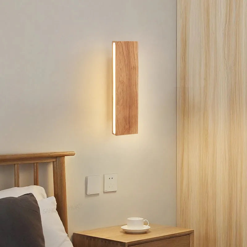 Solid wood bedroom bedside LED wall lamp in Nordic Japanese style, 22cm size, warm light wooden finish