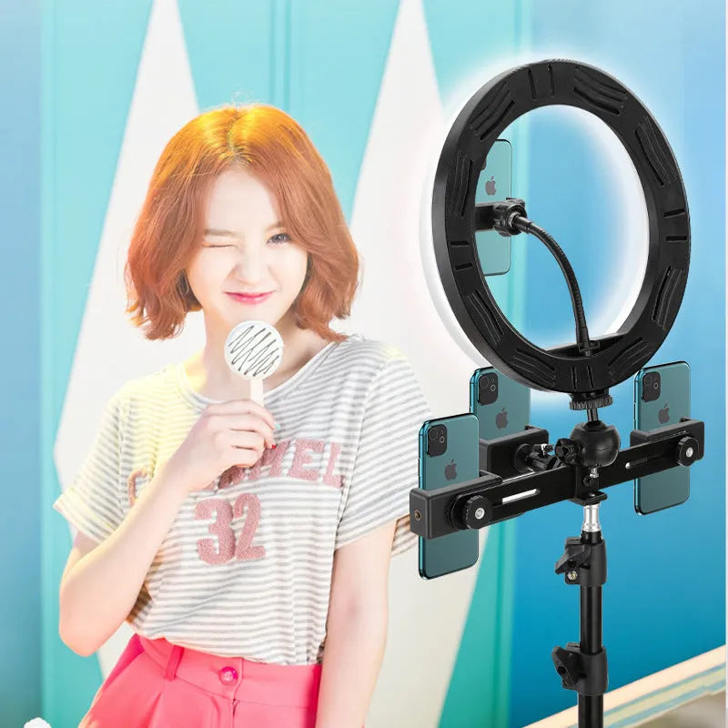 10-inch rotating ring light on a 19 cm metal stand for mobile phone selfies and live streaming.