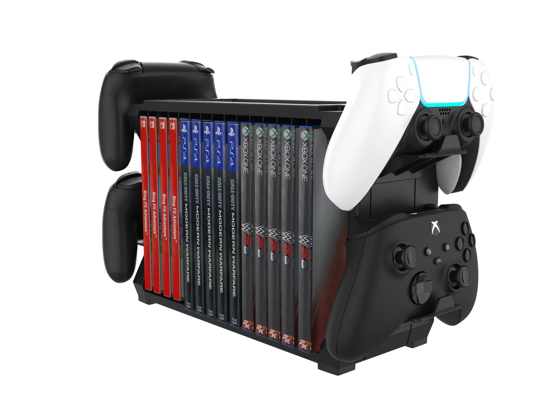 Black PS5 and Xbox Series X disc holder with slots for games and a rack storing four controllers.