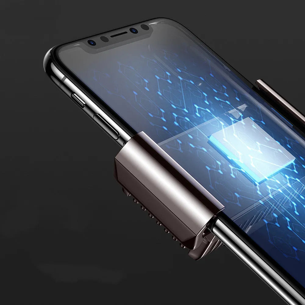 Black mobile phone radiator clip cooler with aluminium heatsink attached to smartphone
