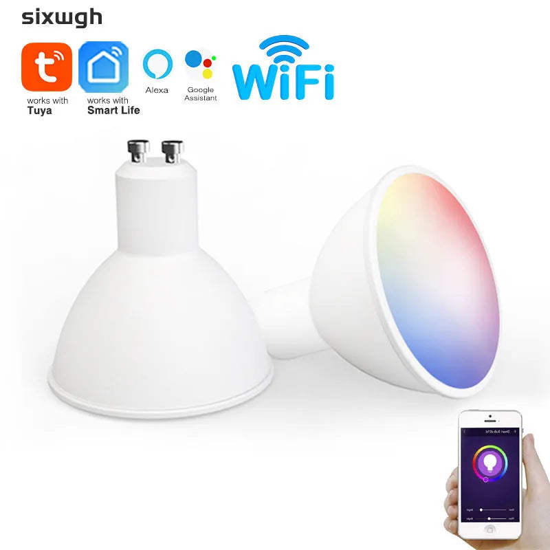 Smart RGBCCT GU10 spotlight with 5W LED, 50mm diameter, WiFi connectivity for voice control