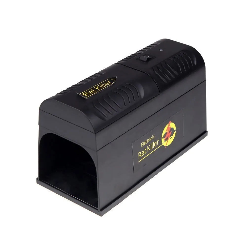 Black high voltage electronic rodent killer unit with choice of UK, EU, or US plug types.