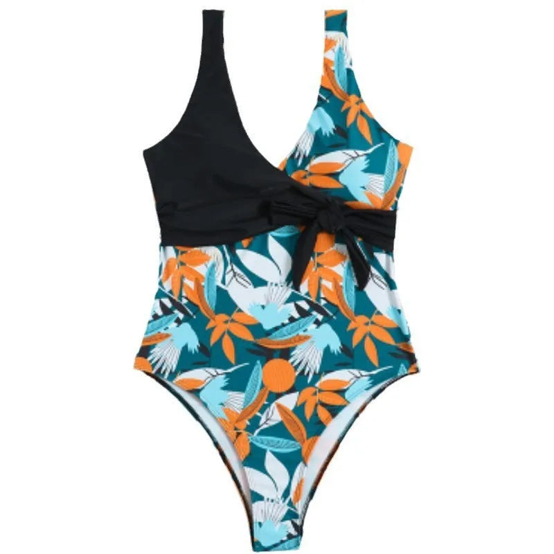 Women's high waist one-piece bikini swimsuit in printed polyester fabric