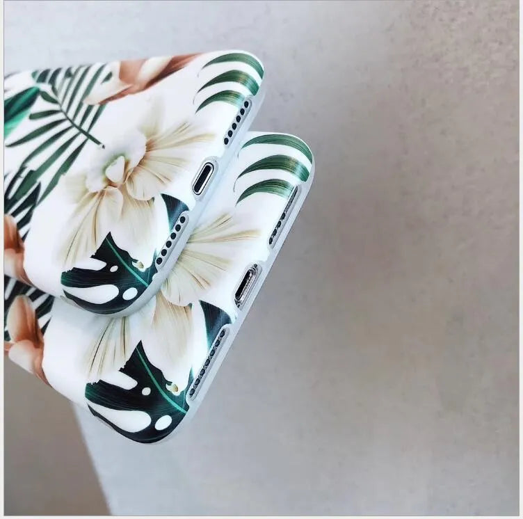 Soft TPU floral phone back cover with banana leaf art for iPhone, shown in flower leaves colour.