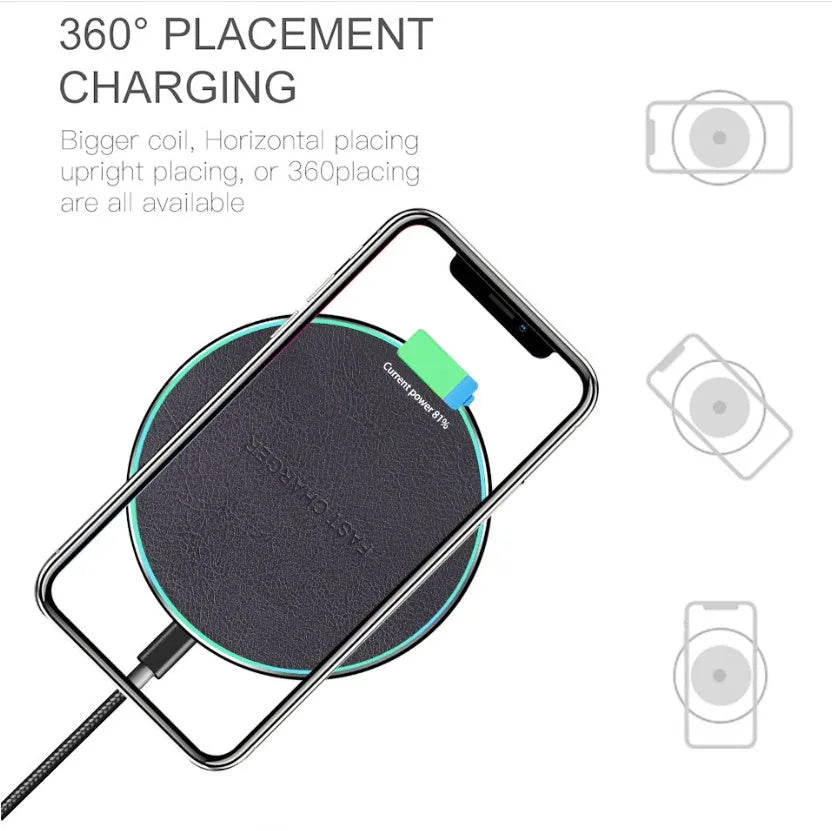 Black circular wireless charging pad for iPhone 11 with LED indicator light