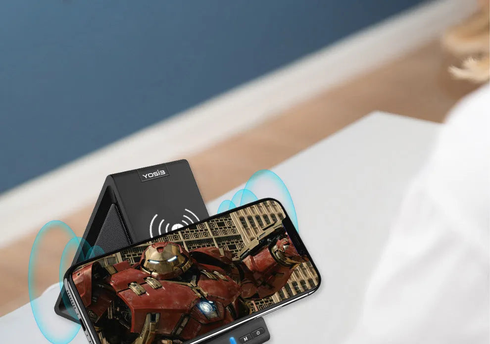 Black ABS multifunctional Bluetooth speaker with integrated mobile phone stand and 2000mAh power bank