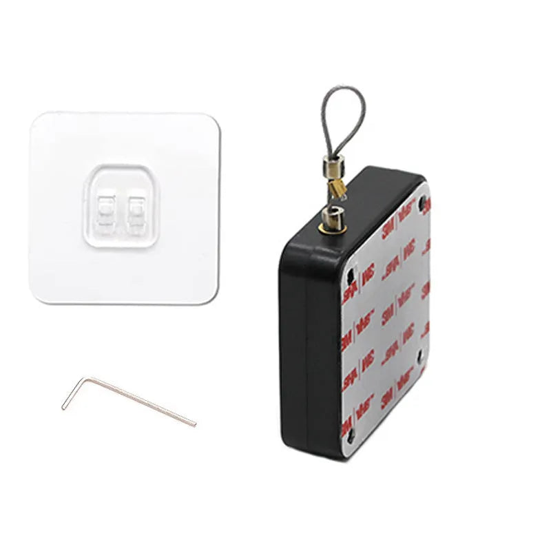 Automatic door closer in black ABS housing with steel wire rope, measuring 63x63x18mm, for sliding doors and glass doors