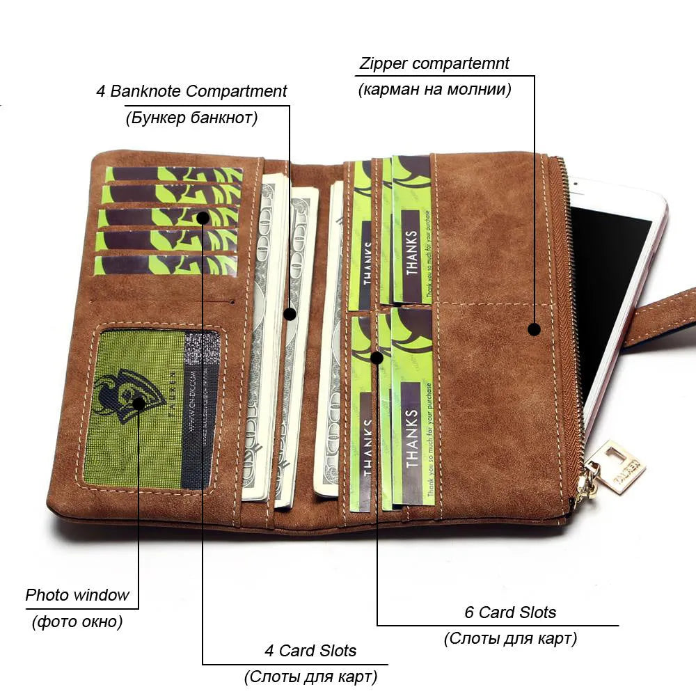 TAUREN vertical long wallet in retro matte Pu leather showing zip closure and internal card slots.