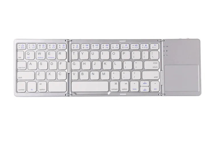 Black tri-fold folding Bluetooth keyboard with touchpad shown open and closed, next to a mobile phone.