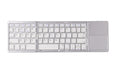 Black tri-fold folding Bluetooth keyboard with touchpad shown open and closed, next to a mobile phone.