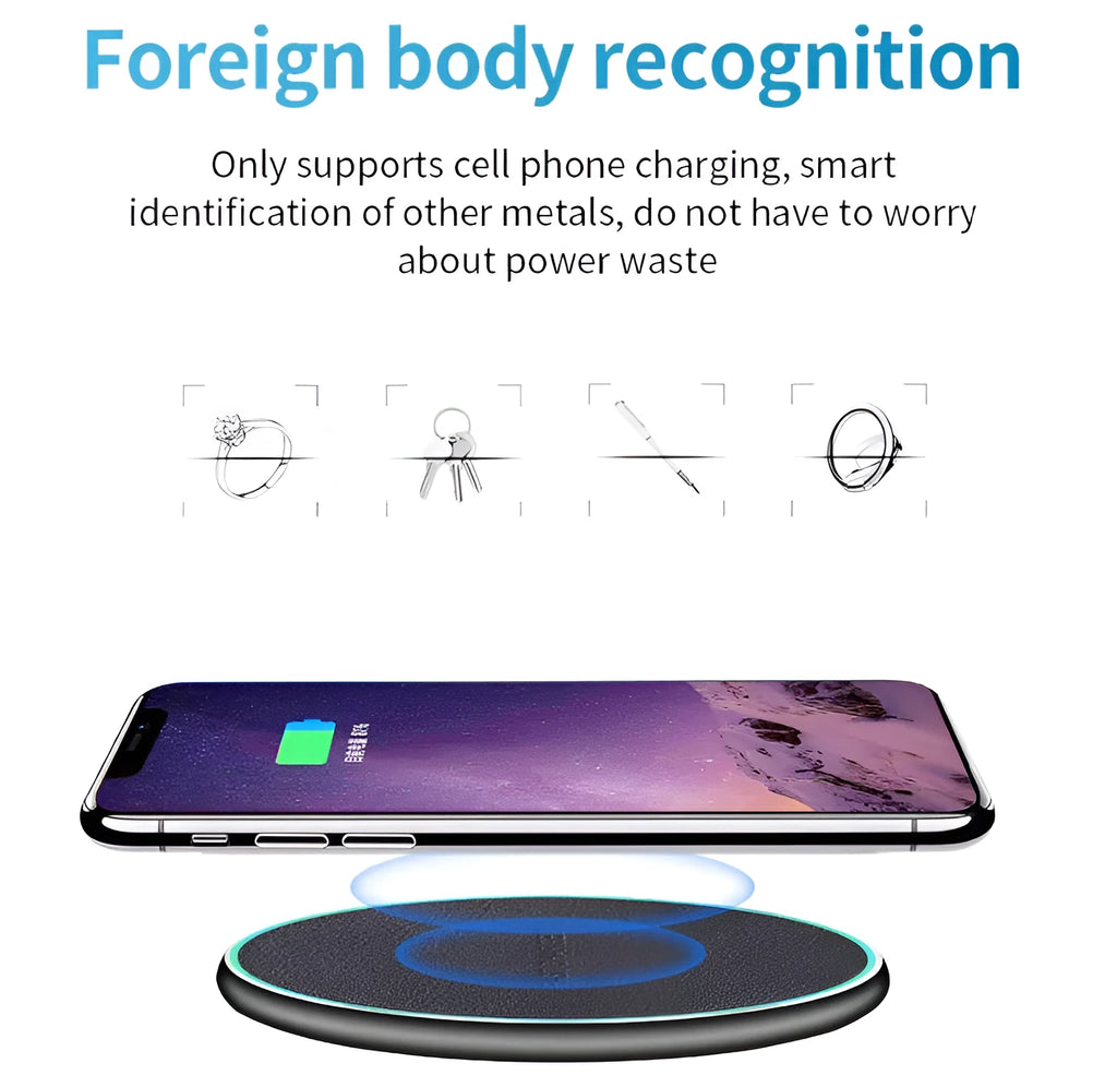 Black circular wireless charging pad for iPhone 11 with LED indicator light